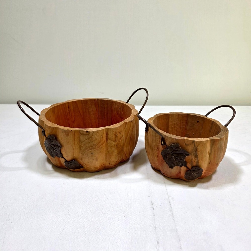 Wooden Pumpkin Bowls Set Brown Rustic Scalloped Fall Harvest Nesting Baskets